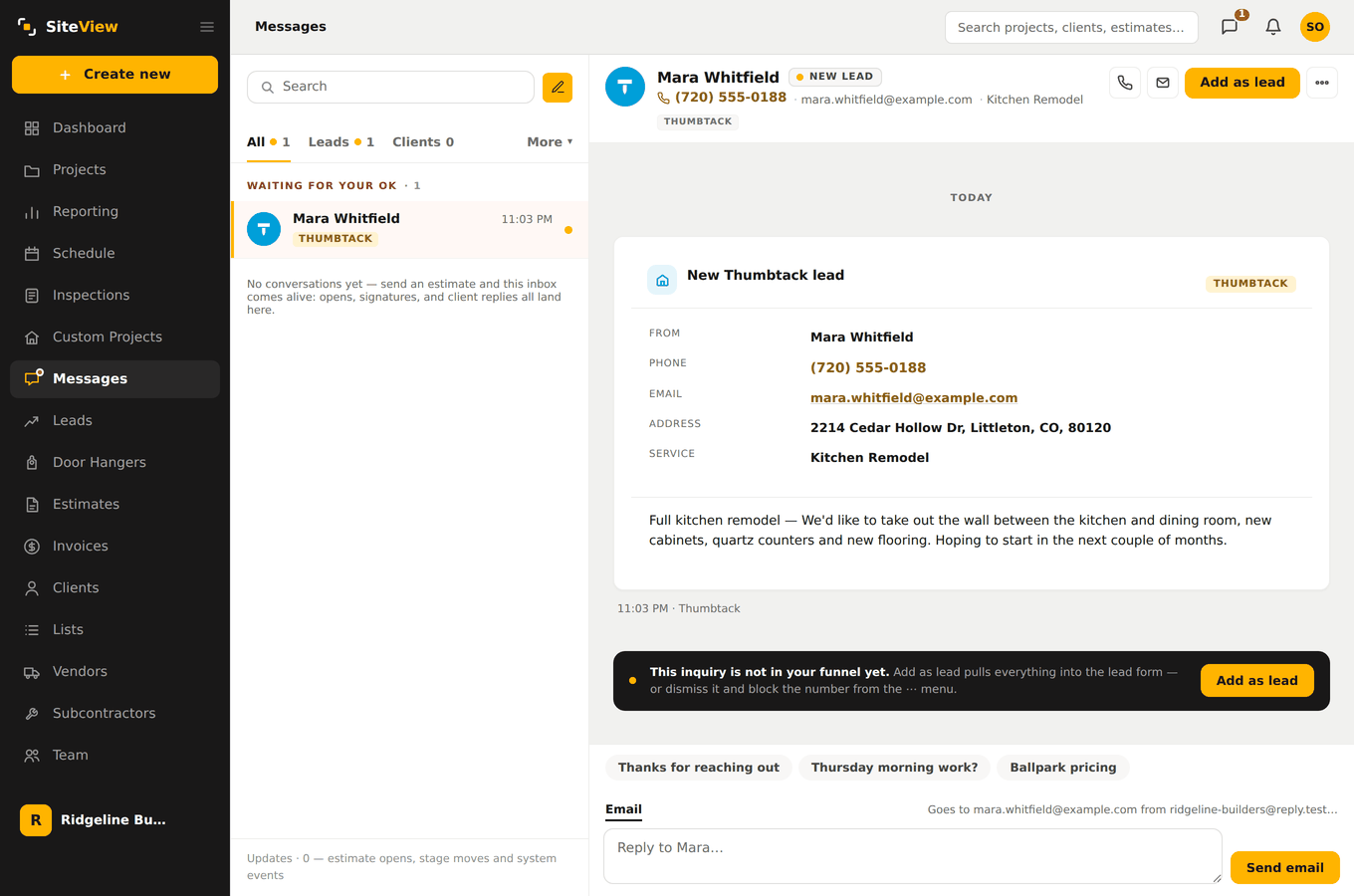 A new enquiry in the SiteView inbox