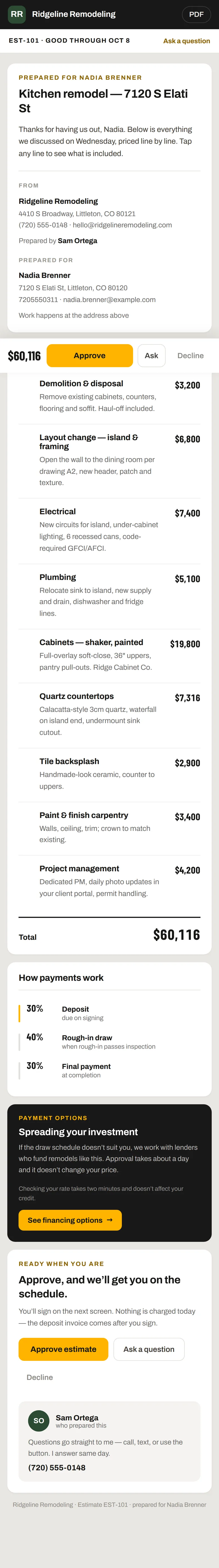 Building an estimate in SiteView, priced line by line with cost and margin visible only to the office