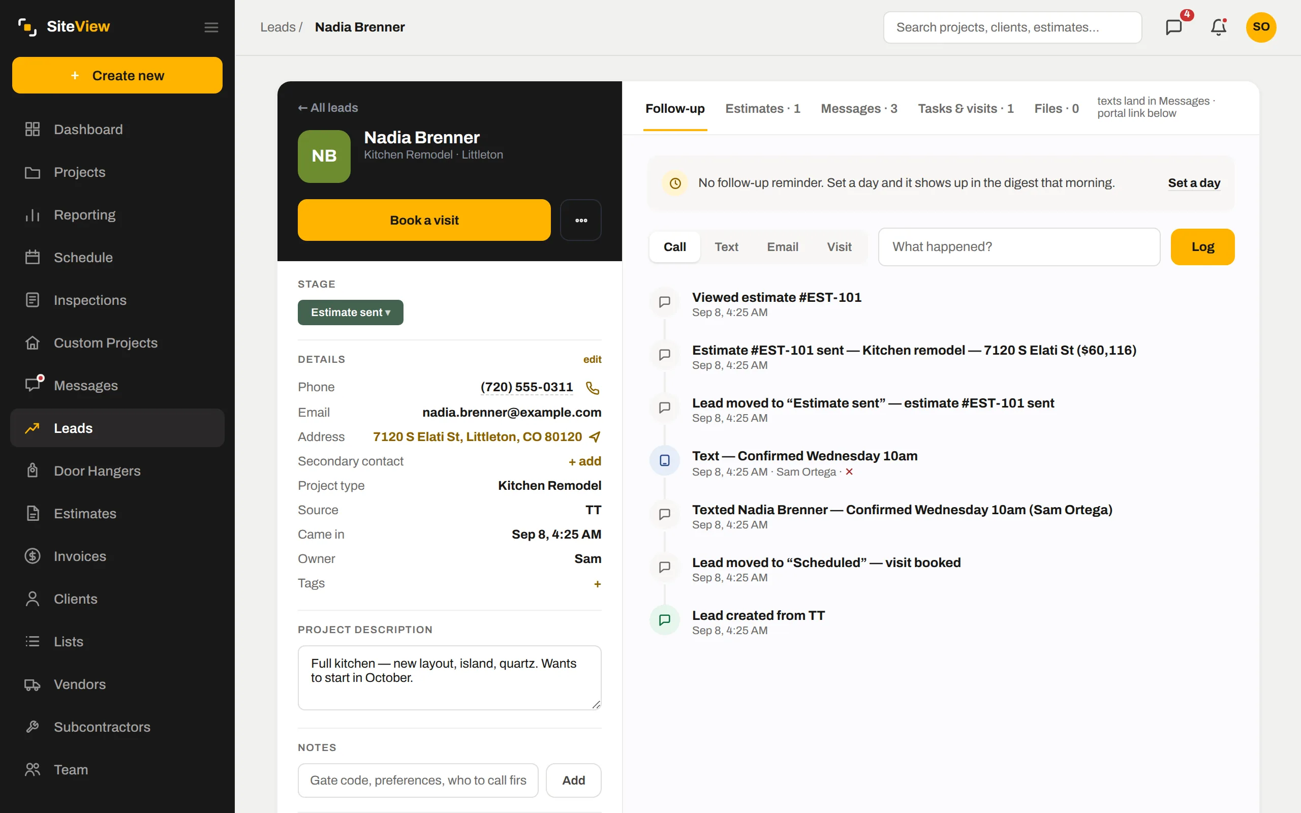 A lead record with the follow-up reminder and activity timeline