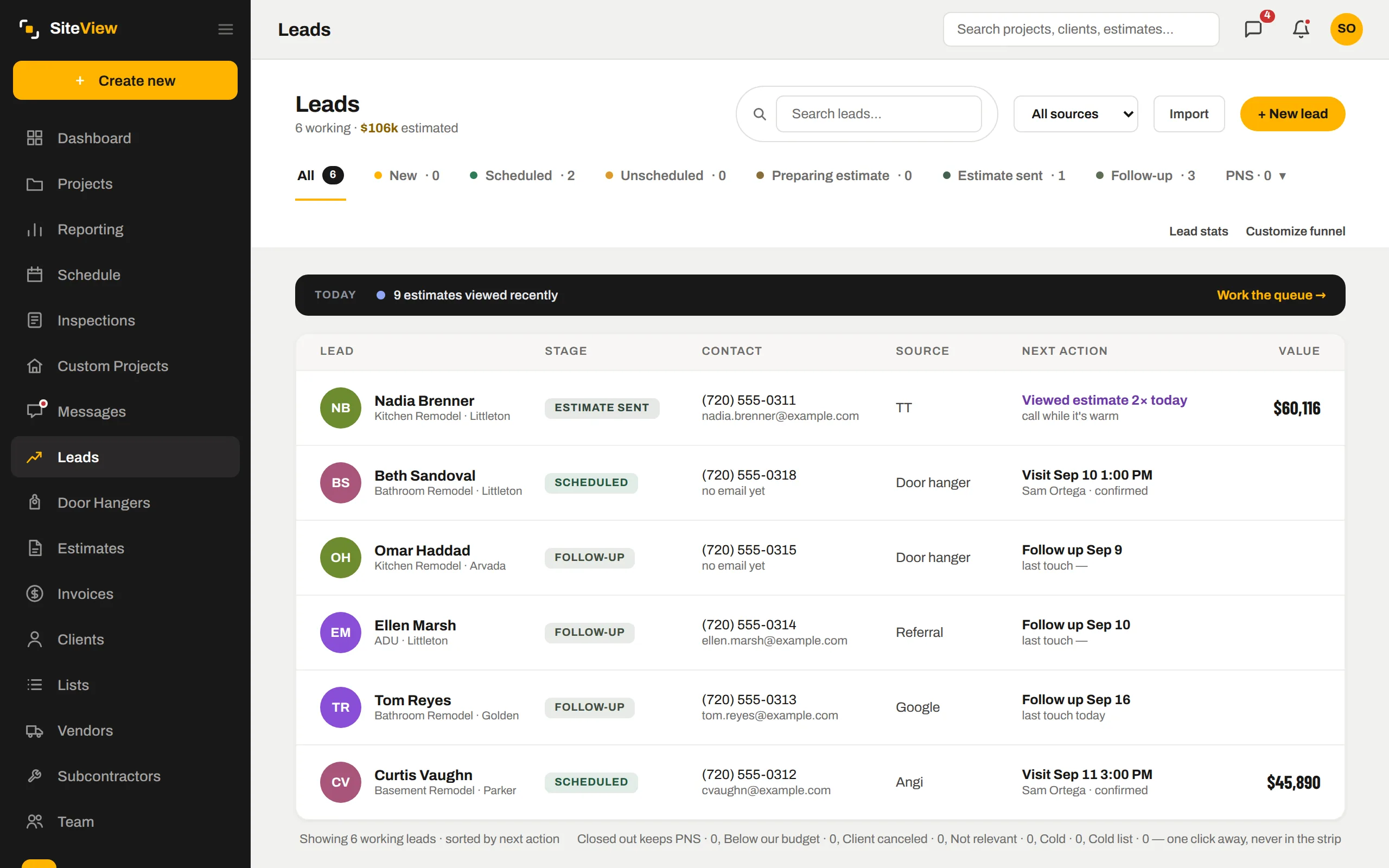 The Leads page with a next-action column