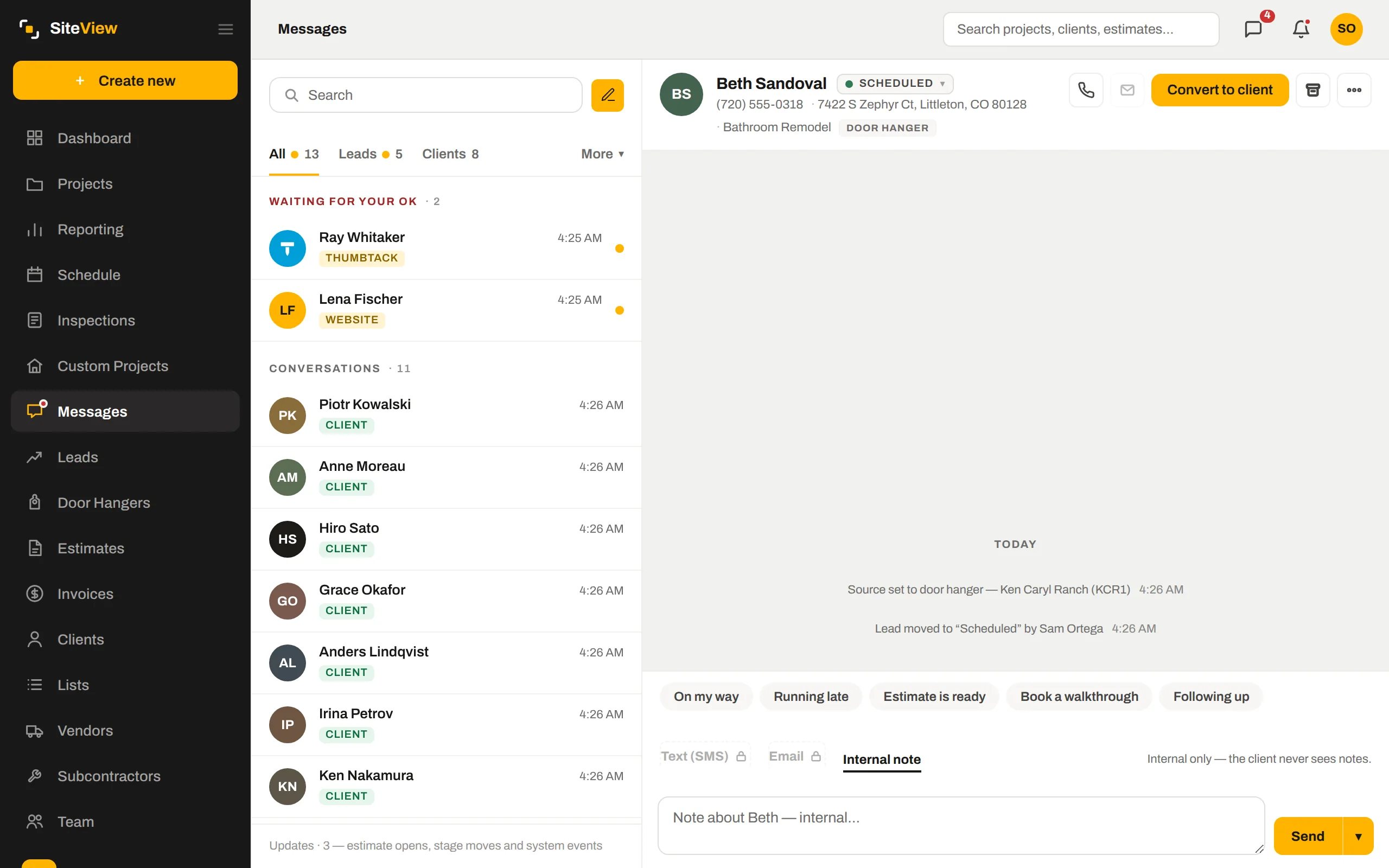 The SiteView Messages inbox: leads from Thumbtack, Angi and the website in one list, with a client conversation open