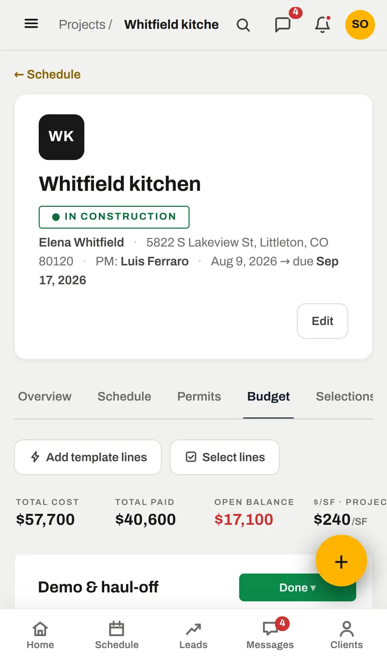 A job budget in SiteView: lines with status, vendor, cost, paid and open balance
