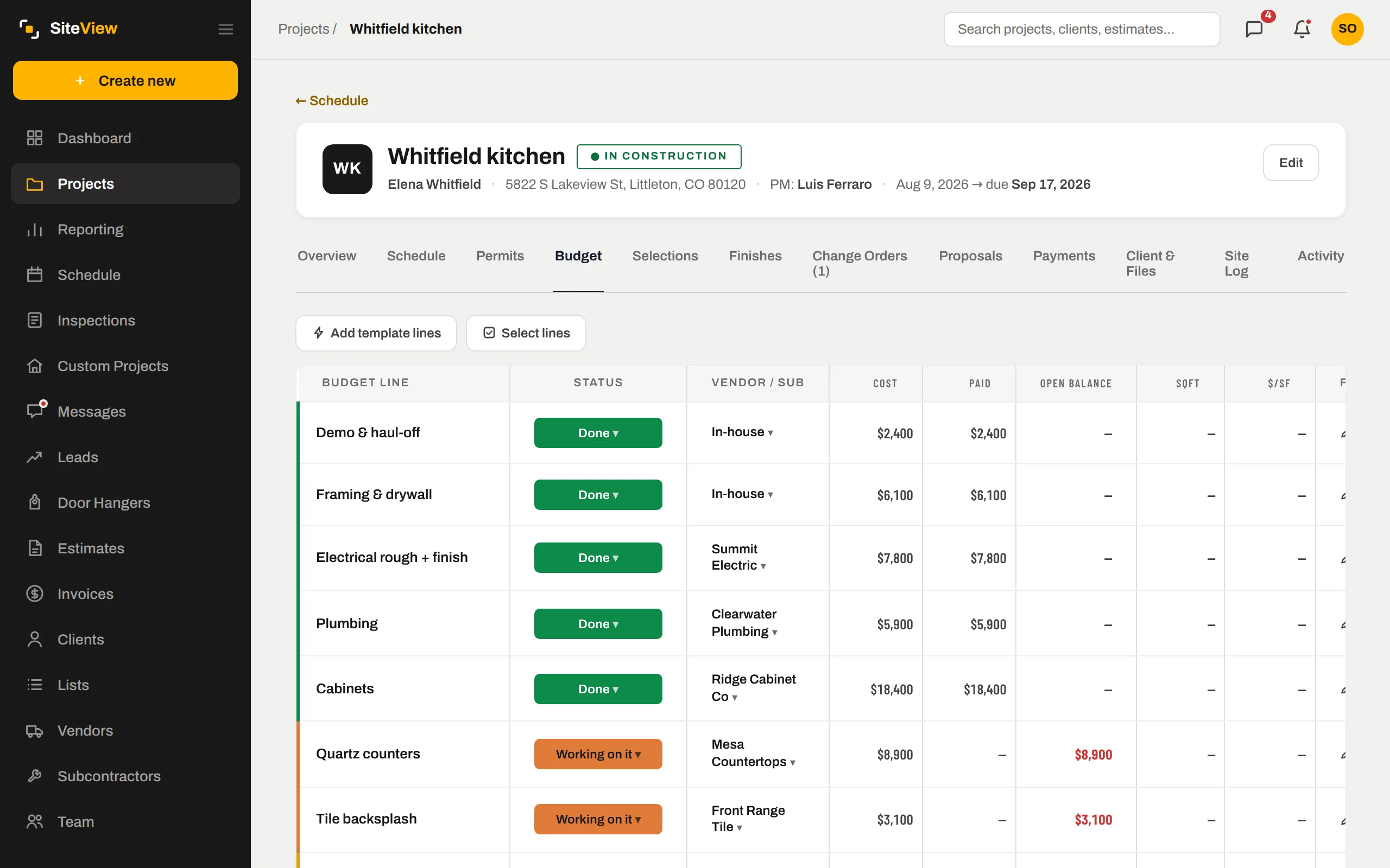 A job budget in SiteView: lines with status, vendor, cost, paid and open balance