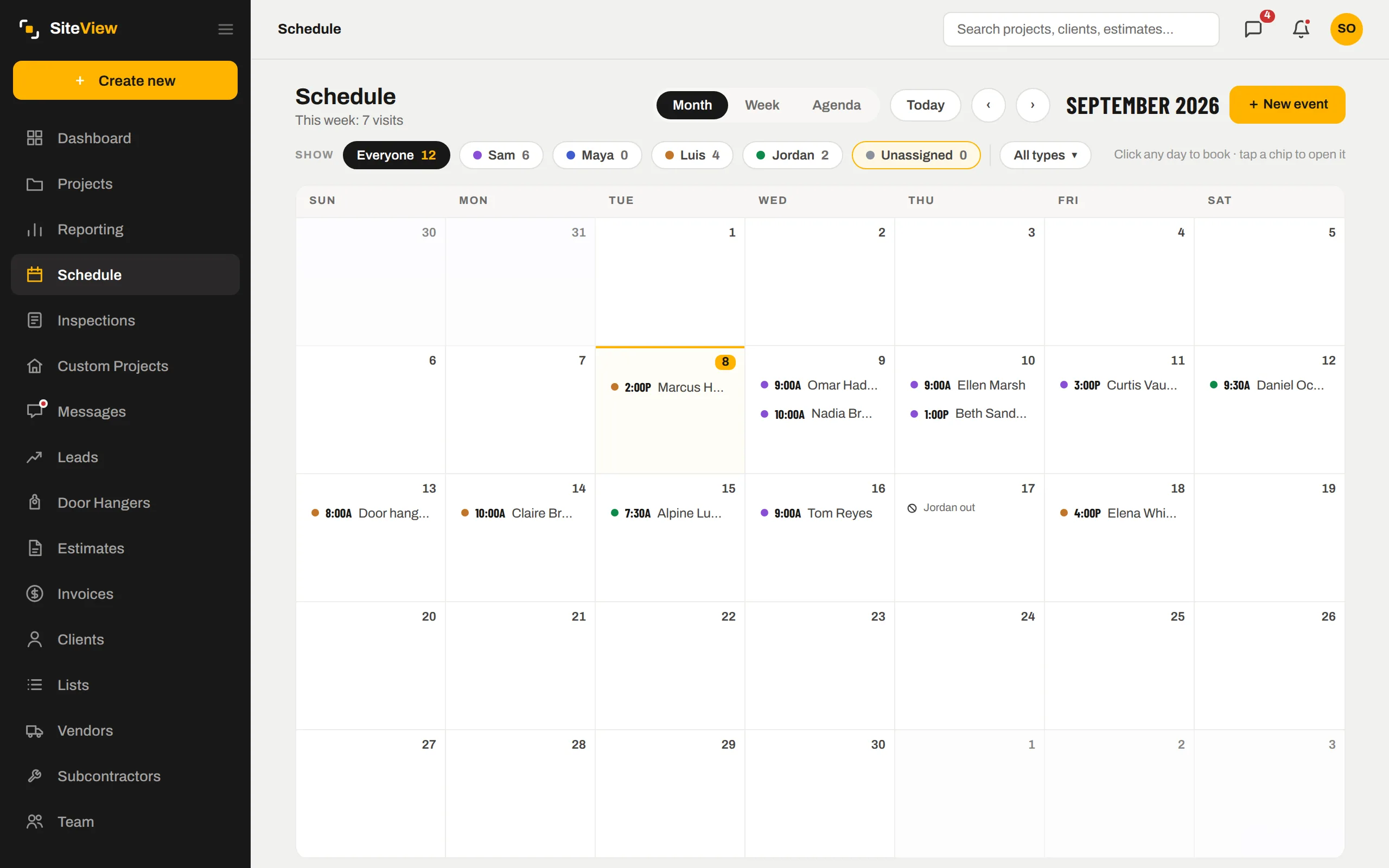 The SiteView schedule: month view with visits and inspections colour-coded by teammate