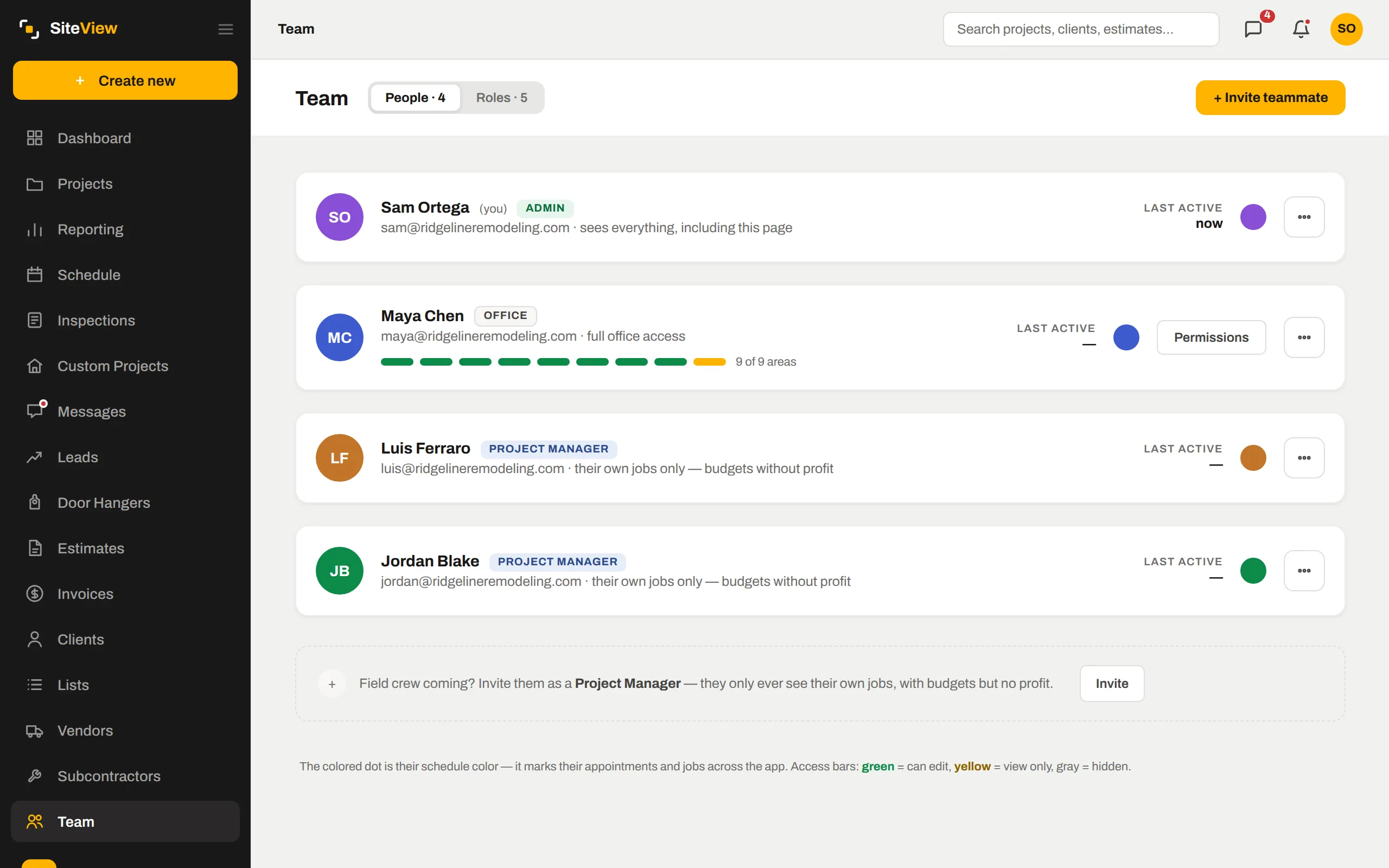 The Team page: people, roles and access bars