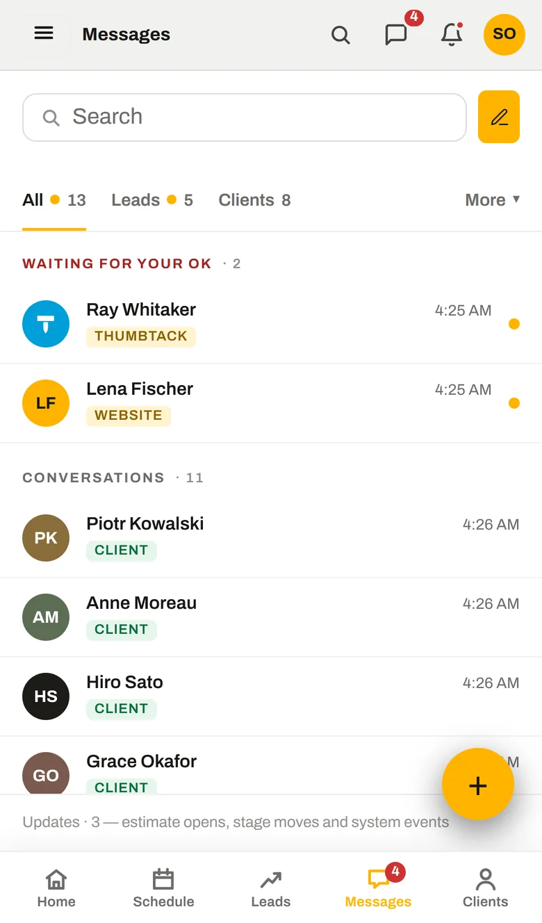 The SiteView Messages inbox: leads from Thumbtack, Angi and the website in one list, with a client conversation open