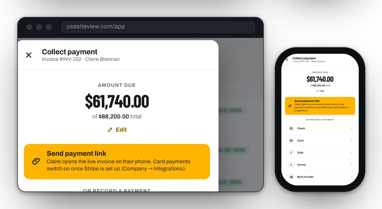 Deposit, progress payments, final — sent in one tap.